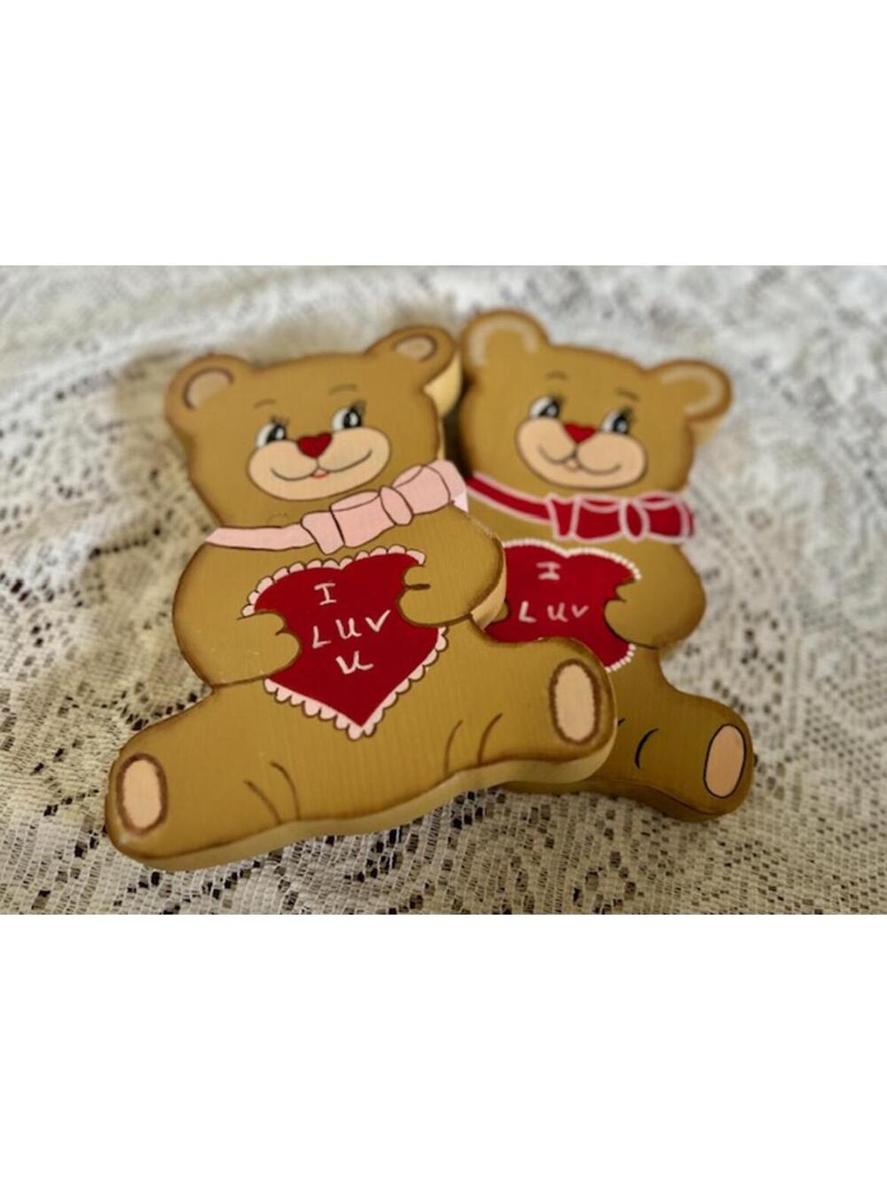 Pair of Vintage Wooden Bear Figurines Holding 'I Luv U' Hearts